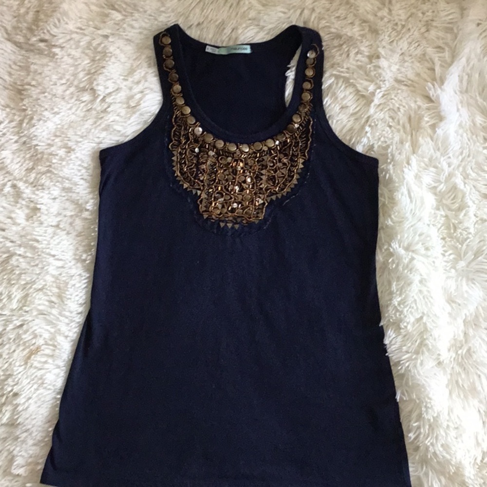 Blue tank top with gold embellishments